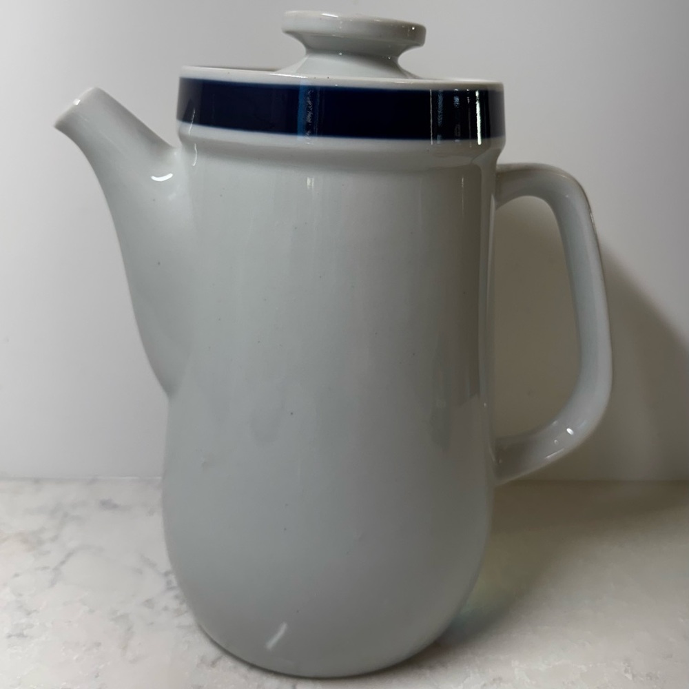 Classic White Ceramic Coffeepot/Teapot with Blue Trim